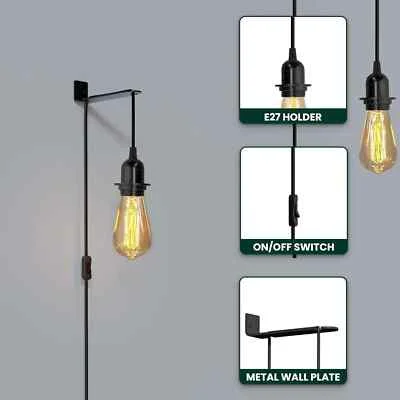 Black plug-in hanging lamp kit with E27 socket, inline switch, UK plug, and 4.5m cord length on white background