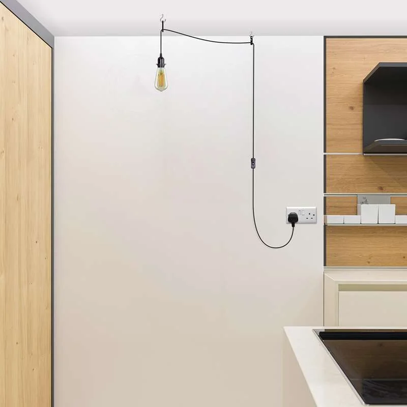 Black plug-in pendant light fitting kit with inline switch, E27 base, 4.5m cord, dimmable pendant light option