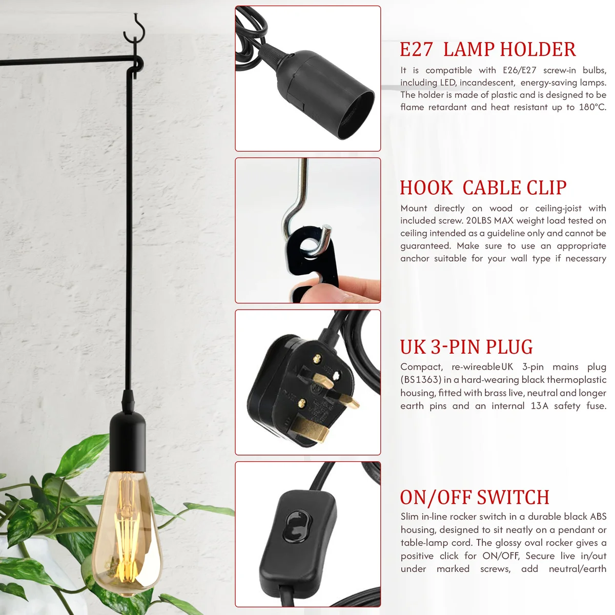 Black plug in pendant light with inline switch, E27 socket, 4.5m cord, UK plug for easy hanging and lighting
