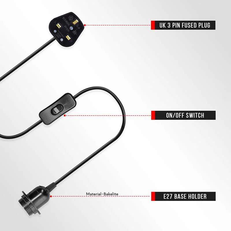 Black plug in pendant light kit with E27 socket, inline switch, and 4.5m cord for UK wall socket use