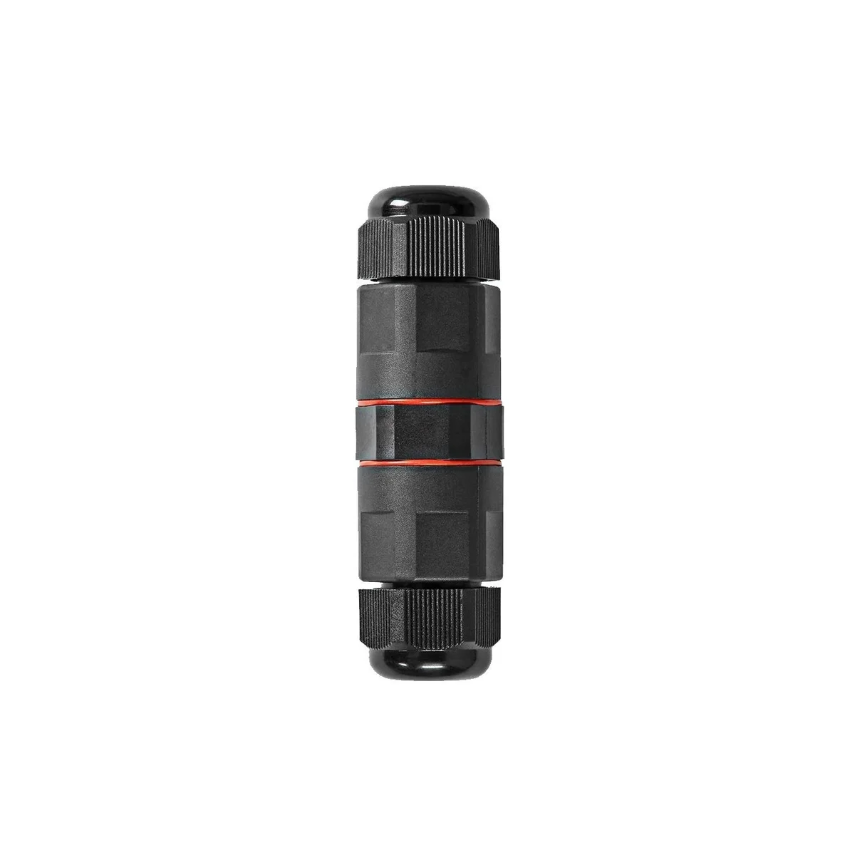 Black IP68 waterproof inline connector with two cable entries, designed for 14-18 AWG wires, nylon housing