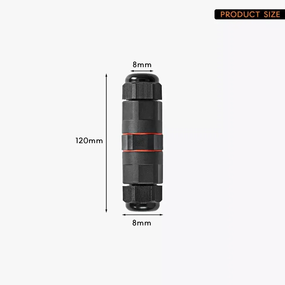 Compact black IP68 cable connector with two inline terminals, durable nylon housing, and waterproof seals for outdoor use