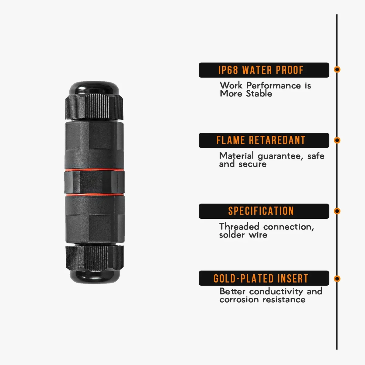 Black IP68 waterproof 2-way inline outdoor wire connector with sealed nylon housing and cable entry points visible