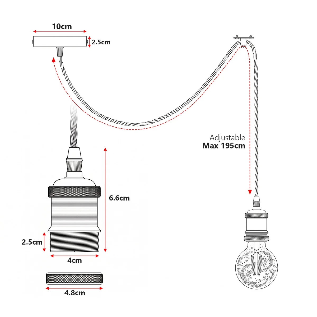 Black industrial adjustable pendant light with metal shade, ceramic holder, and included amber LED filament bulb