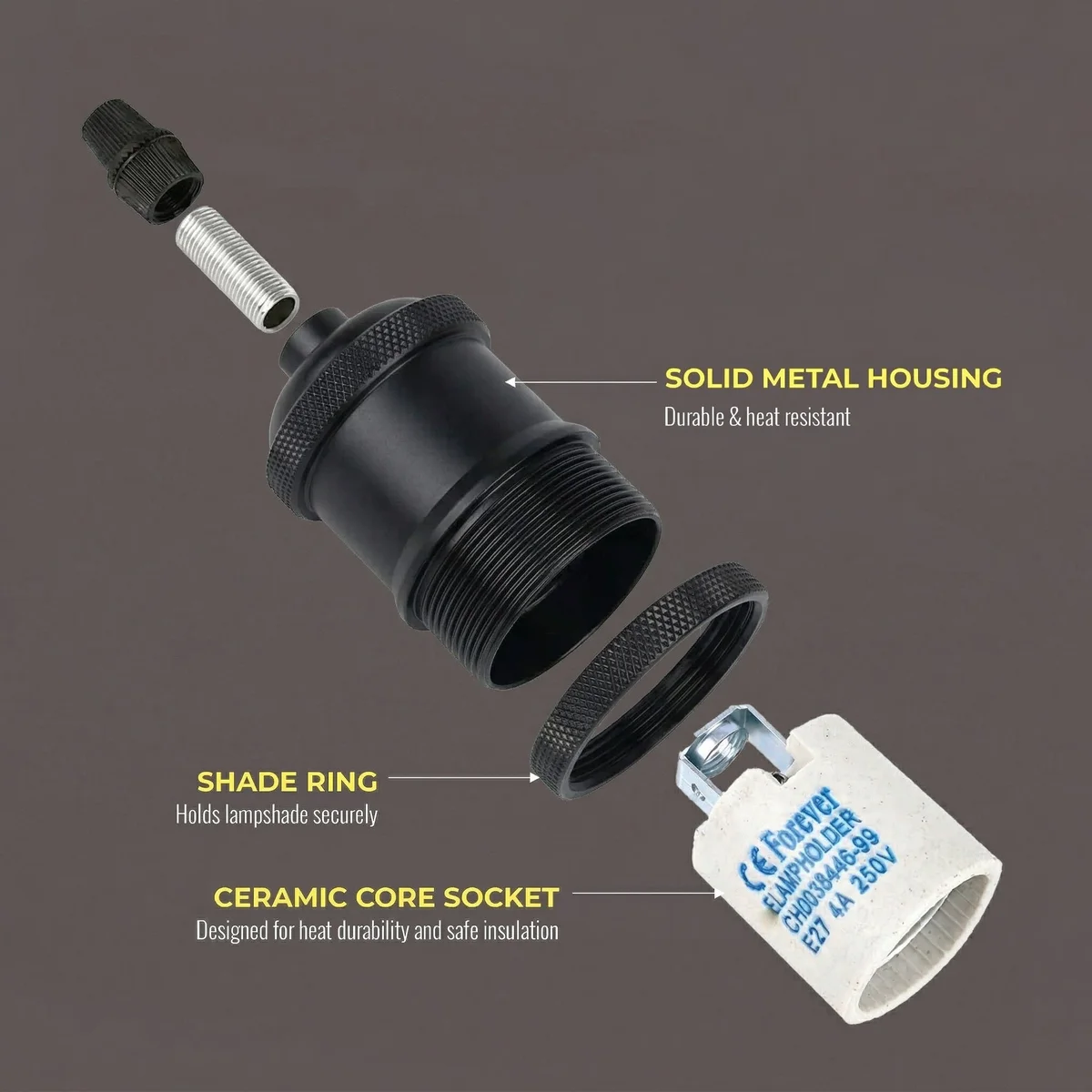 Adjustable black ceiling light with metal shade, ceramic E27 holder, and twisted fabric cable hanging from ceiling hook