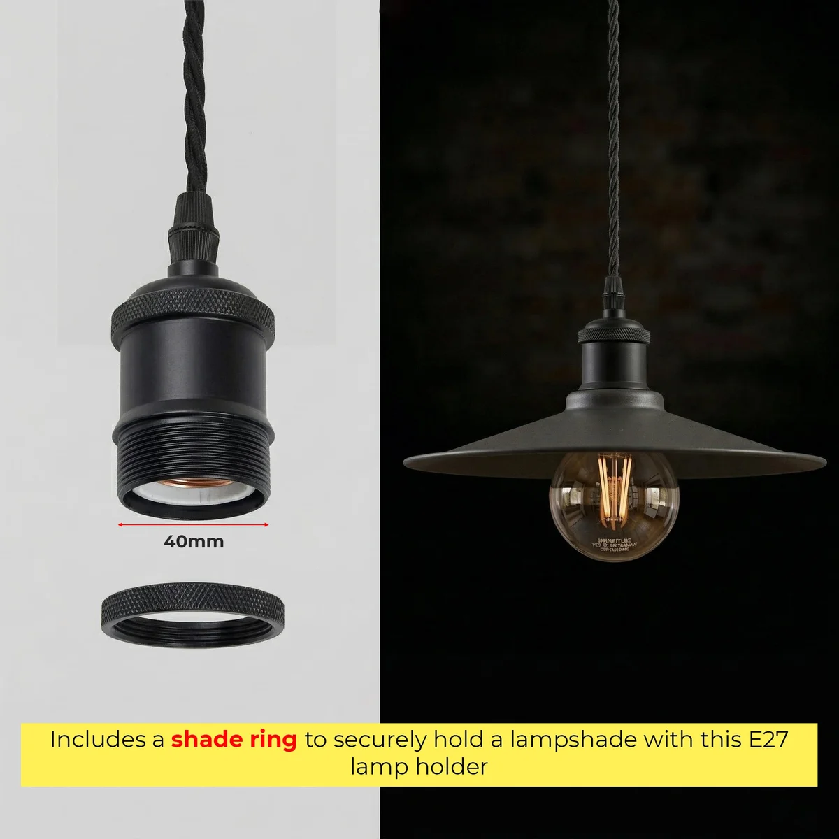 Adjustable black metal pendant lamp with twisted fabric cable and ceramic E27 bulb holder hanging from ceiling hook