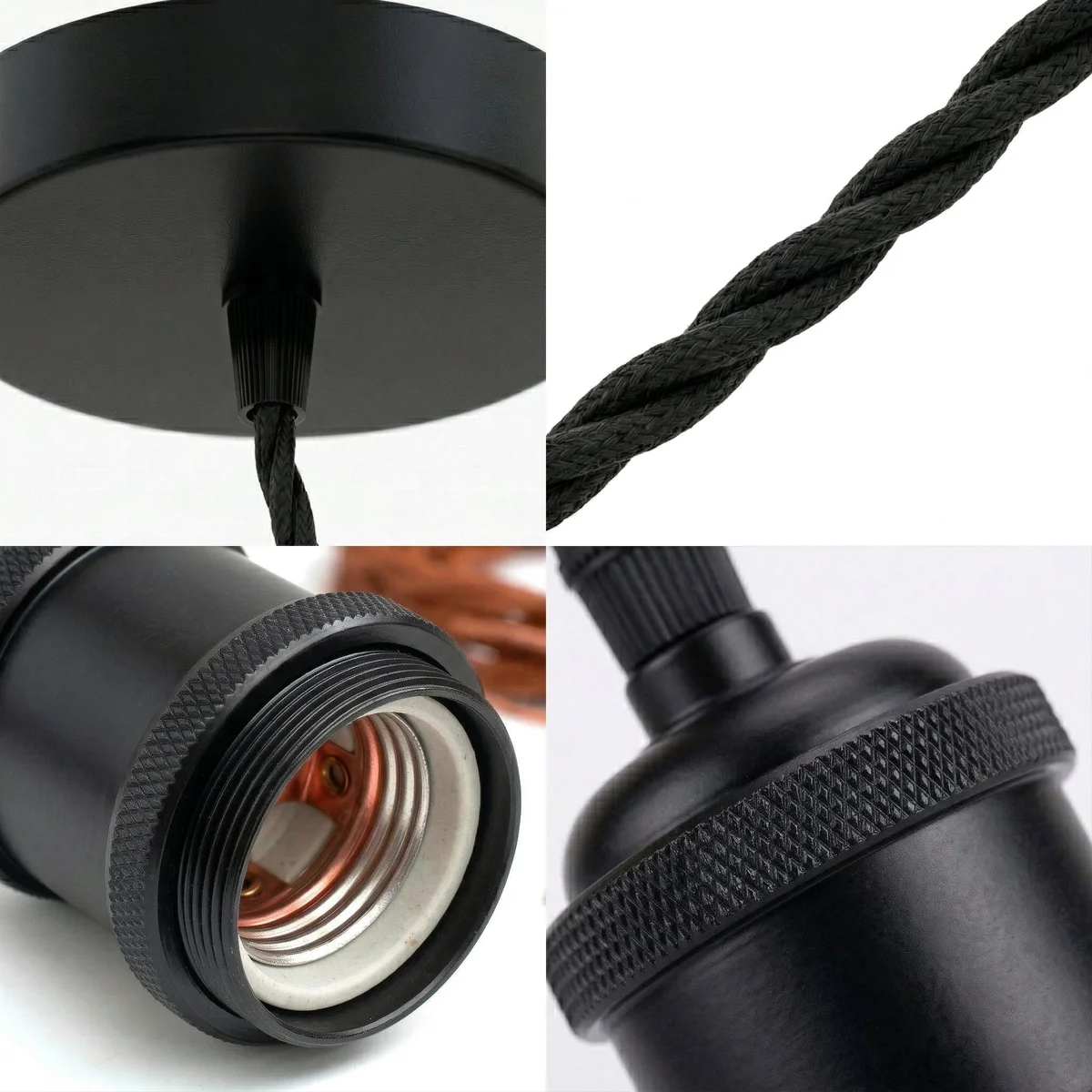Black industrial style dimmable ceiling light with adjustable 2m twisted fabric cable and included amber G80 LED bulb