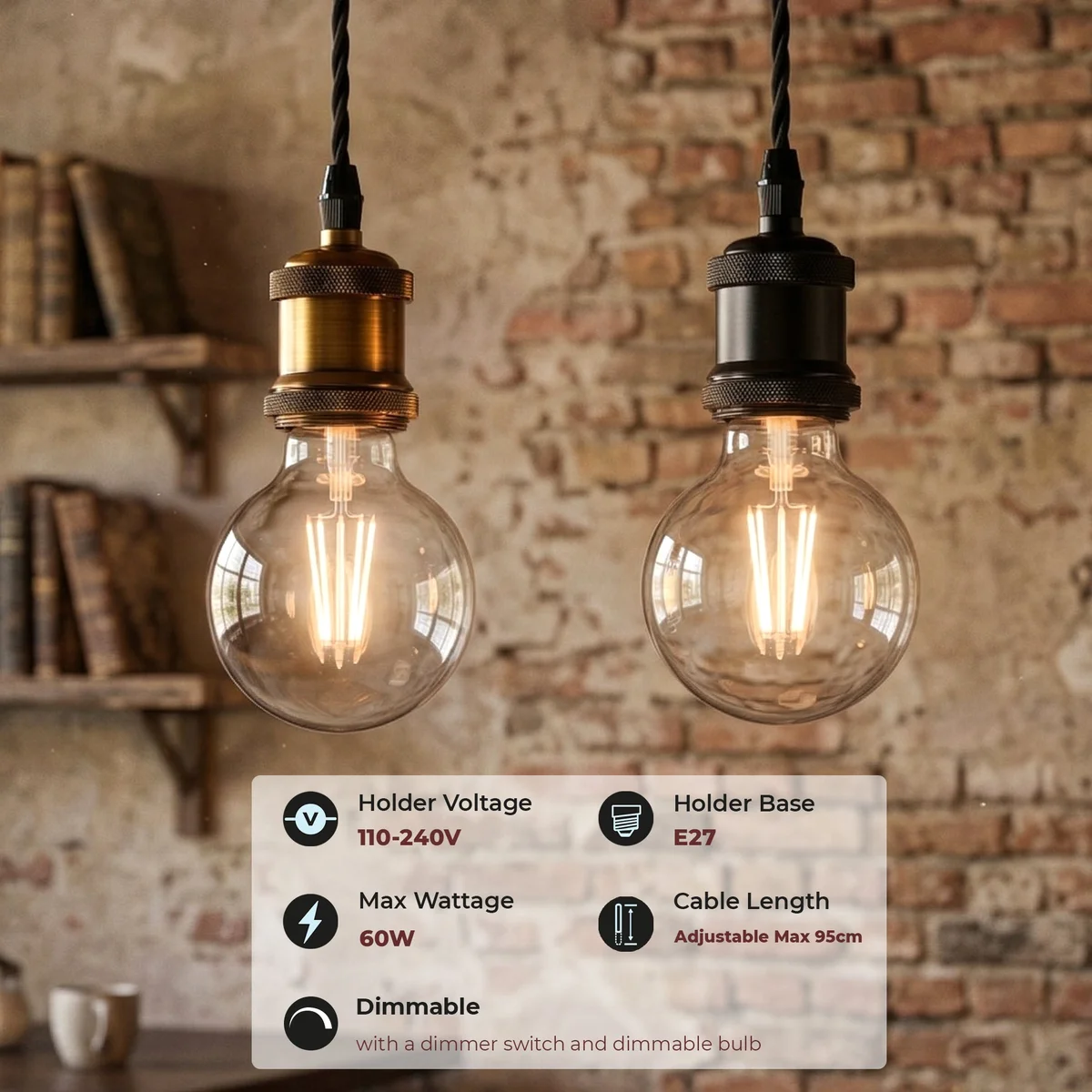 Black industrial pendant light with adjustable 2m twisted fabric cable and included amber G80 LED filament bulb
