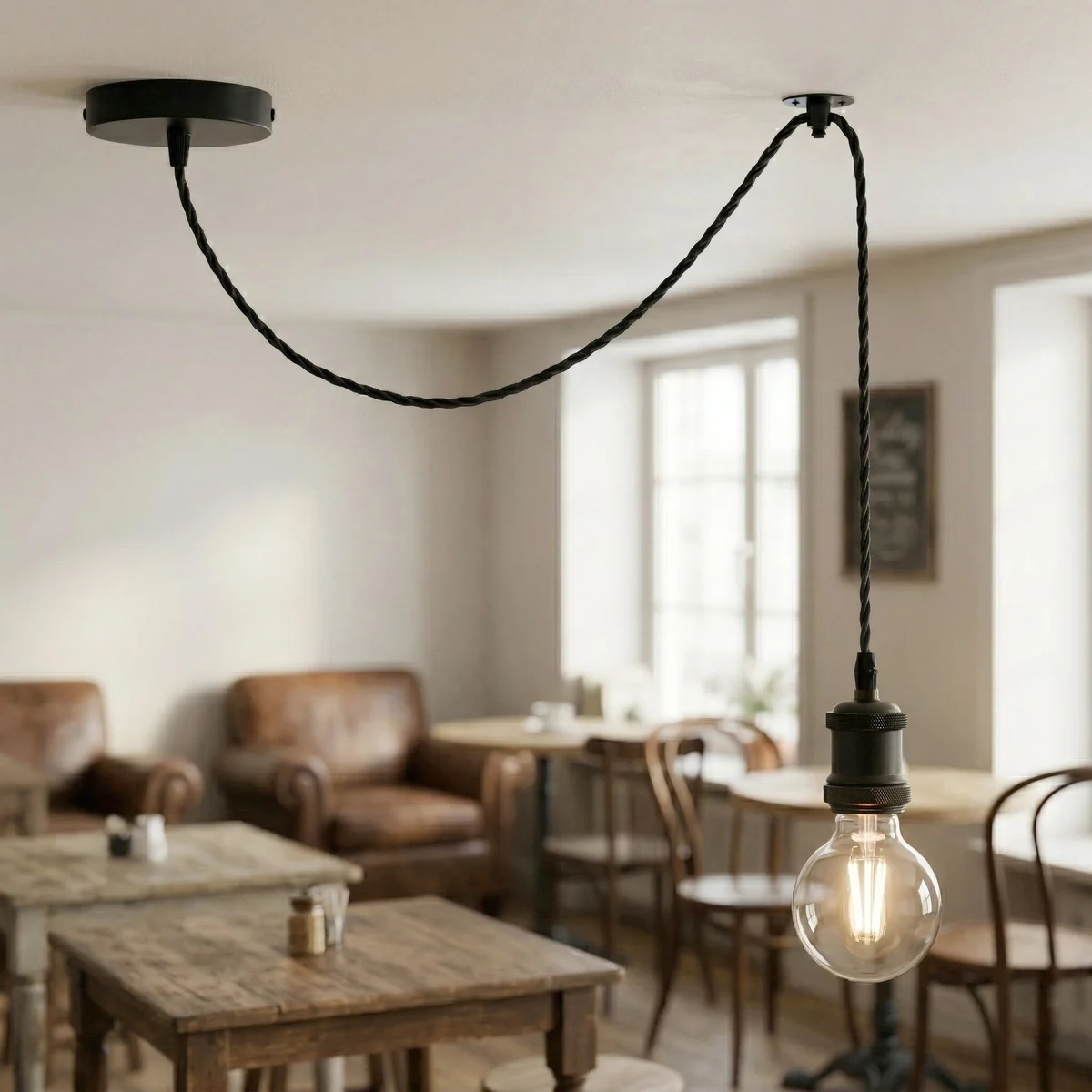Black industrial pendant light with adjustable 2m twisted fabric cable and included amber G80 LED filament bulb