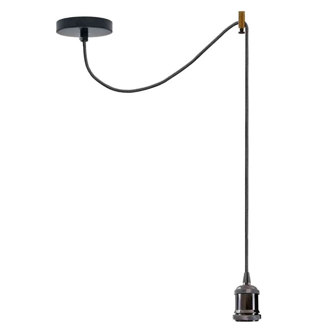 Vintage industrial pendant light with single black metal spider head and adjustable 195cm hanging cord against white background