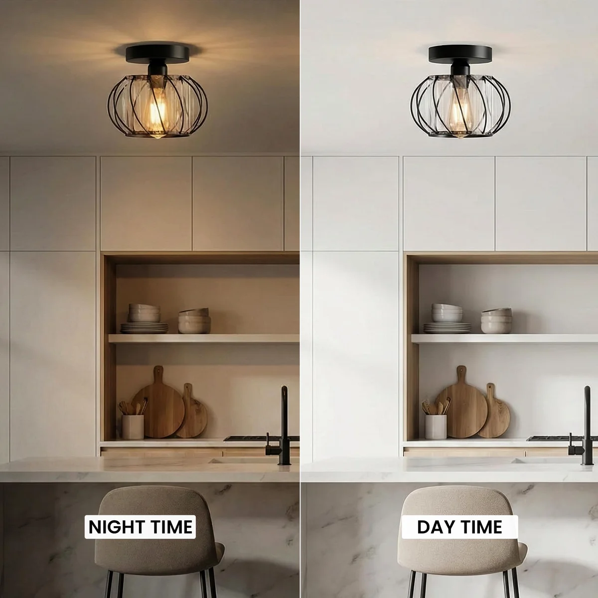 Mini crystal prism light with cut crystal prisms on white metal base, 18cm diameter, semi flush ceiling mount design
