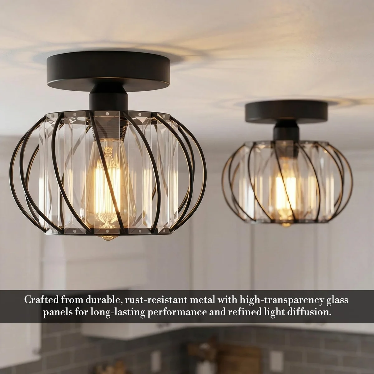 Mini Crystal Semi Flush Light with cut crystal prisms and sturdy white metal base light, 18cm diameter, ceiling mounted