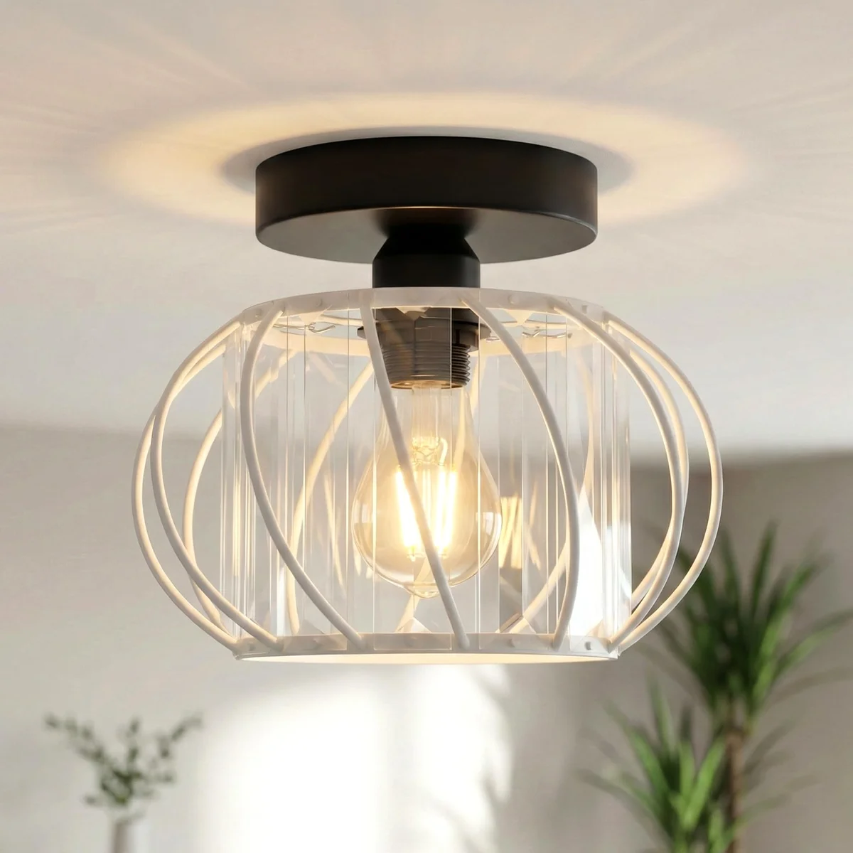 Mini crystal ceiling light with cut crystal prisms on white metal base, 18cm diameter, semi flush mount design