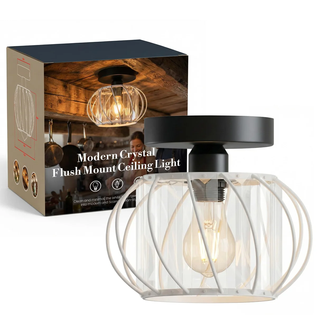 Mini crystal ceiling light with cut crystal prisms on white metal base, 18cm diameter, flush mount style
