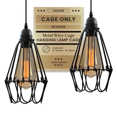 Black metal industrial wire cage pendant light shade with E27 socket, vintage industrial style, compact design