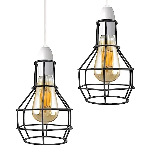 Adjustable black metal industrial wire cage E27 pendant light shade with open vintage design for ceiling installation