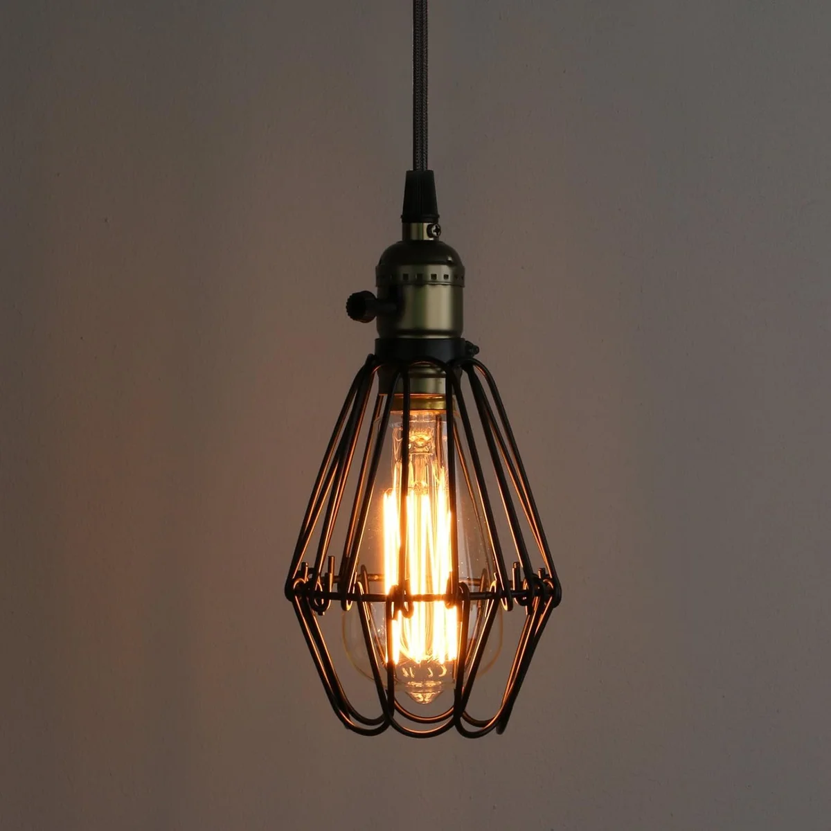 Adjustable metal wire cage lamp shade in black with E27 socket, vintage industrial style, compact size for ceiling pendant