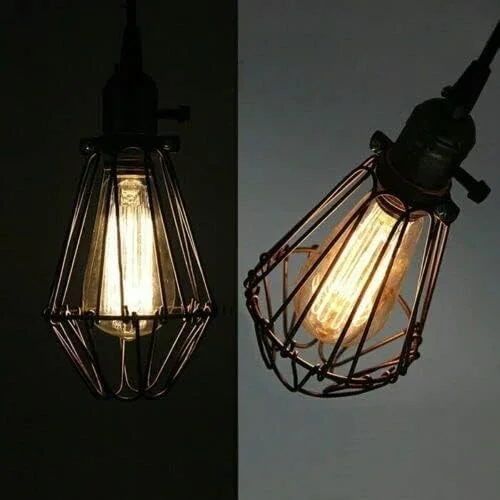 Adjustable industrial wire cage pendant light shade in black metal with E27 socket, vintage industrial design