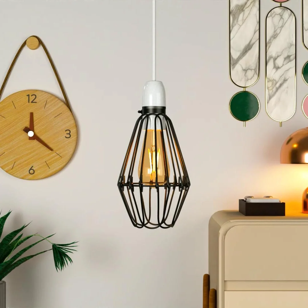 Black industrial wire cage pendant light shade with E27 socket hanging against white background
