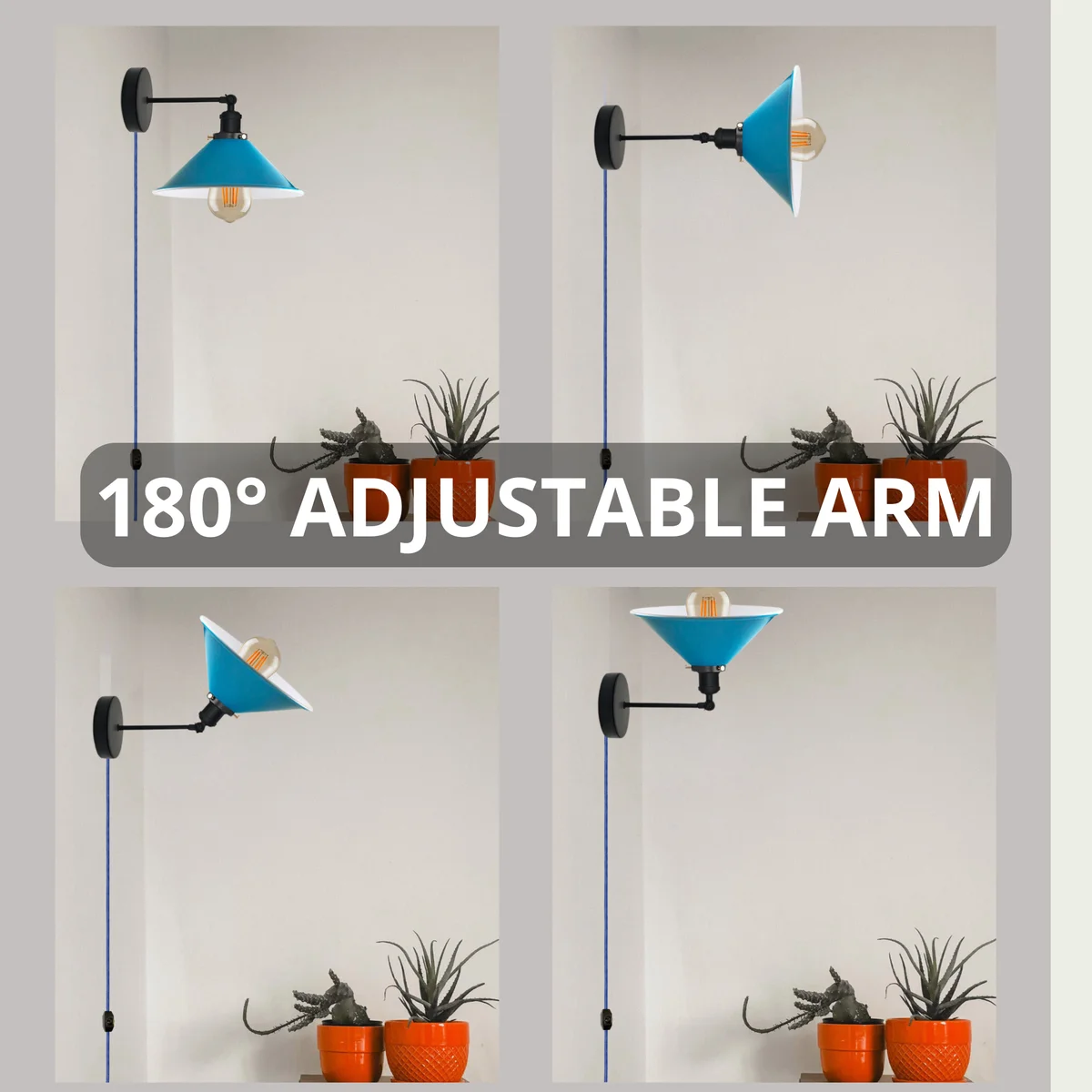 Vintage industrial wall light with 2m plug-in cable, dimmer, and sleek metal shade designed for modern interiors