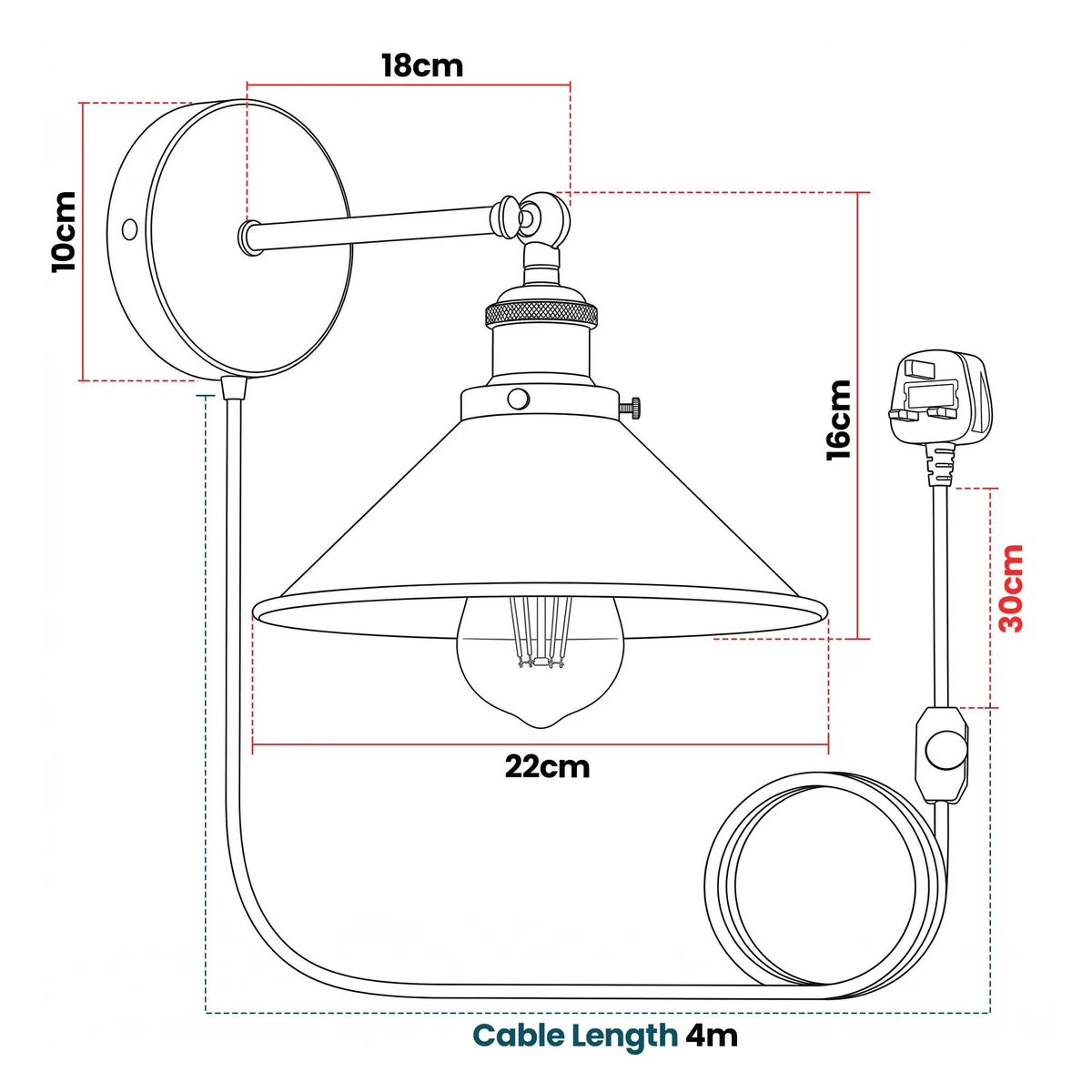 Vintage industrial metal plug-in wall light with dimmer, sleek electroplated finish and E27 bulb holder, 2m cord length