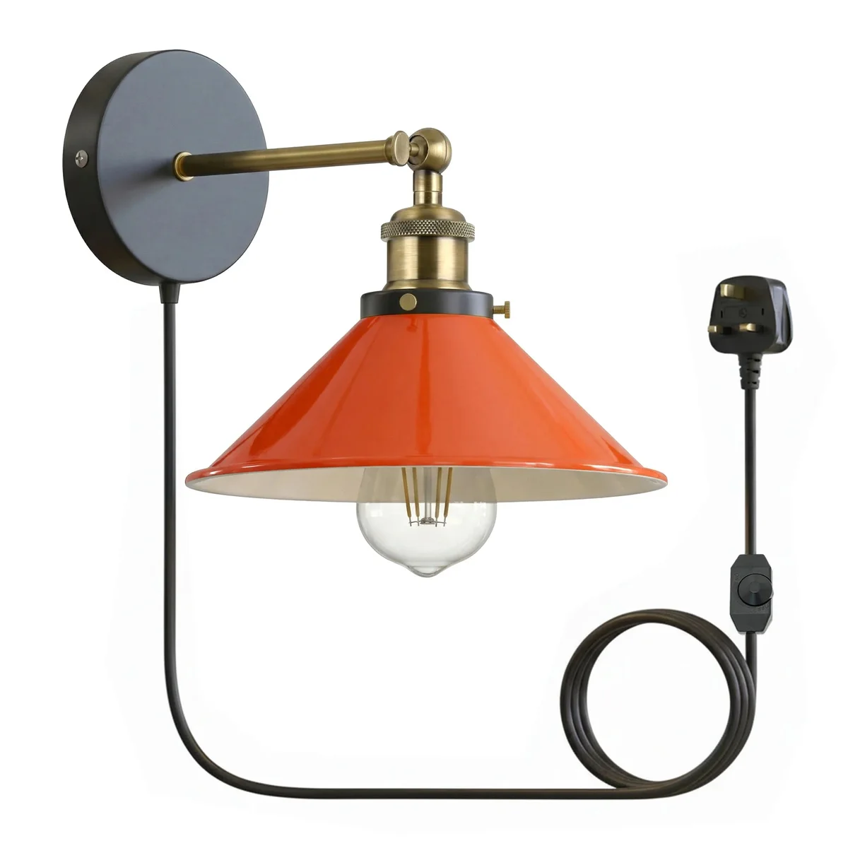Vintage industrial dimmable wall lamp with metal shade and plug-in design, suitable for living rooms and cafes