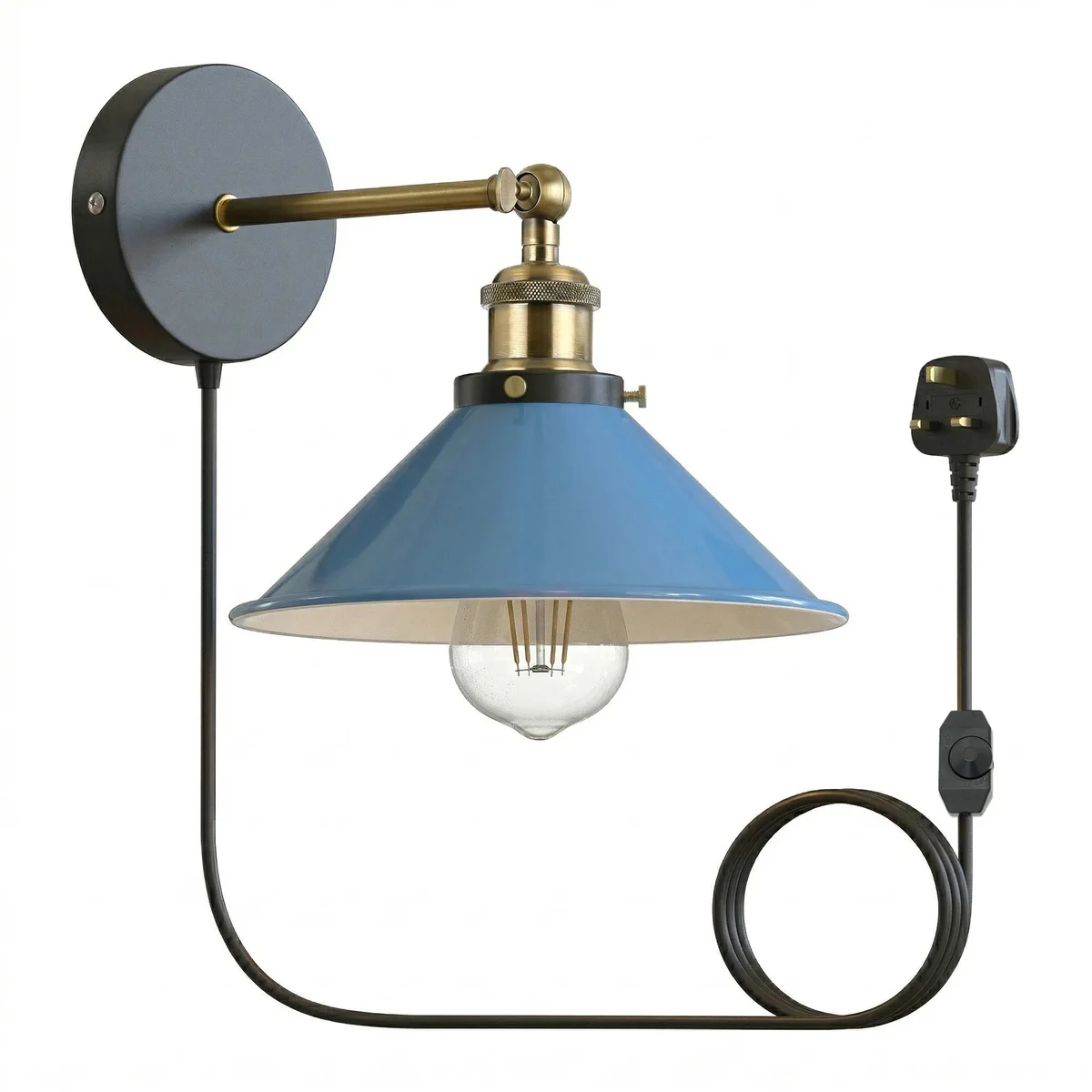 Vintage industrial metal wall light with sleek electroplated finish and adjustable dimmer switch on 2m plug-in cord