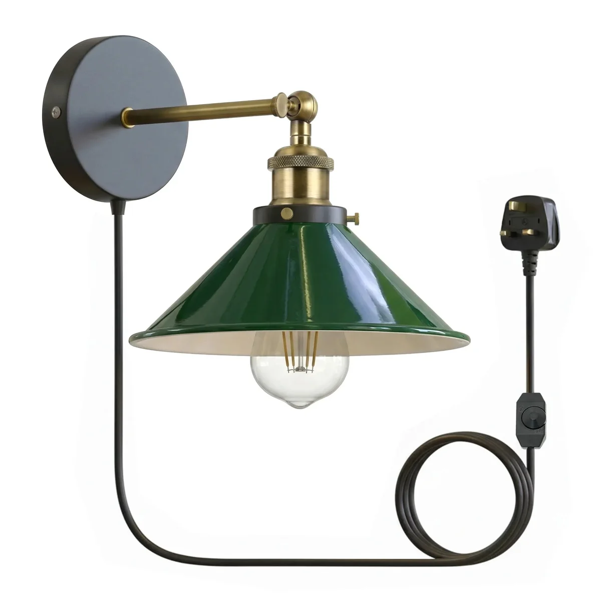 Vintage style wall light with industrial metal shade and dimmer switch, plugged into a wall socket in a modern interior