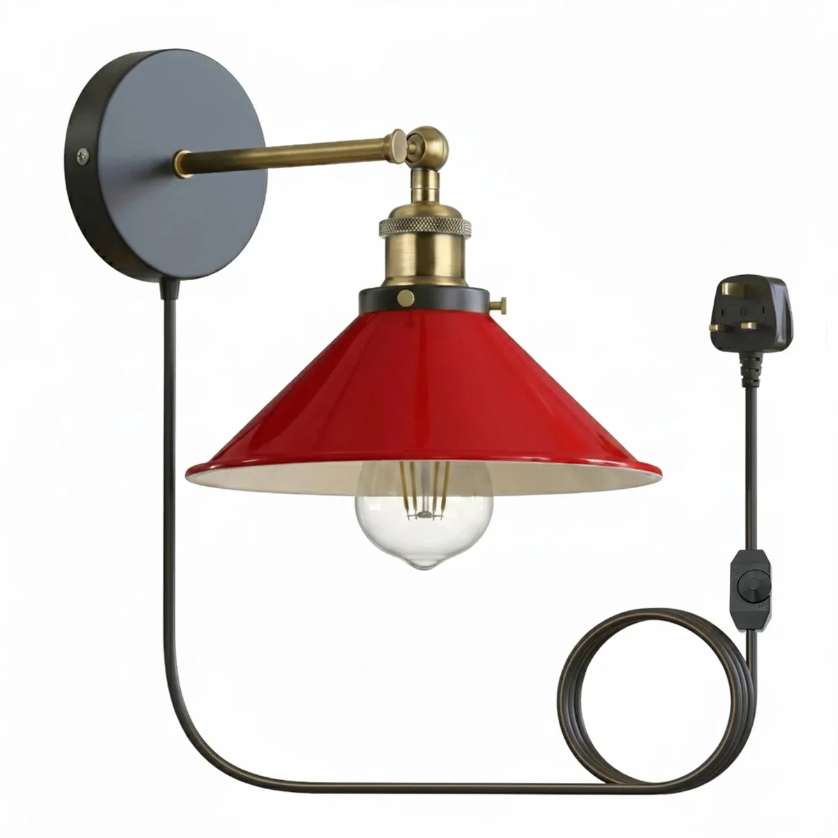 Vintage industrial 2m plugin wall light with dimmer, metal shade, showing E27 base wall light socket detail