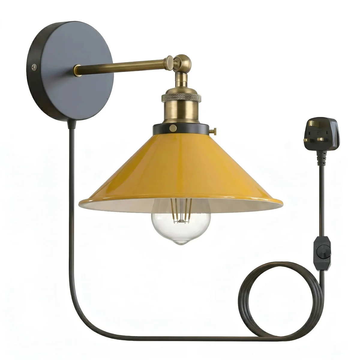 Vintage industrial wall light with metal shade, plug-in design, and dimmer switch on a neutral wall background