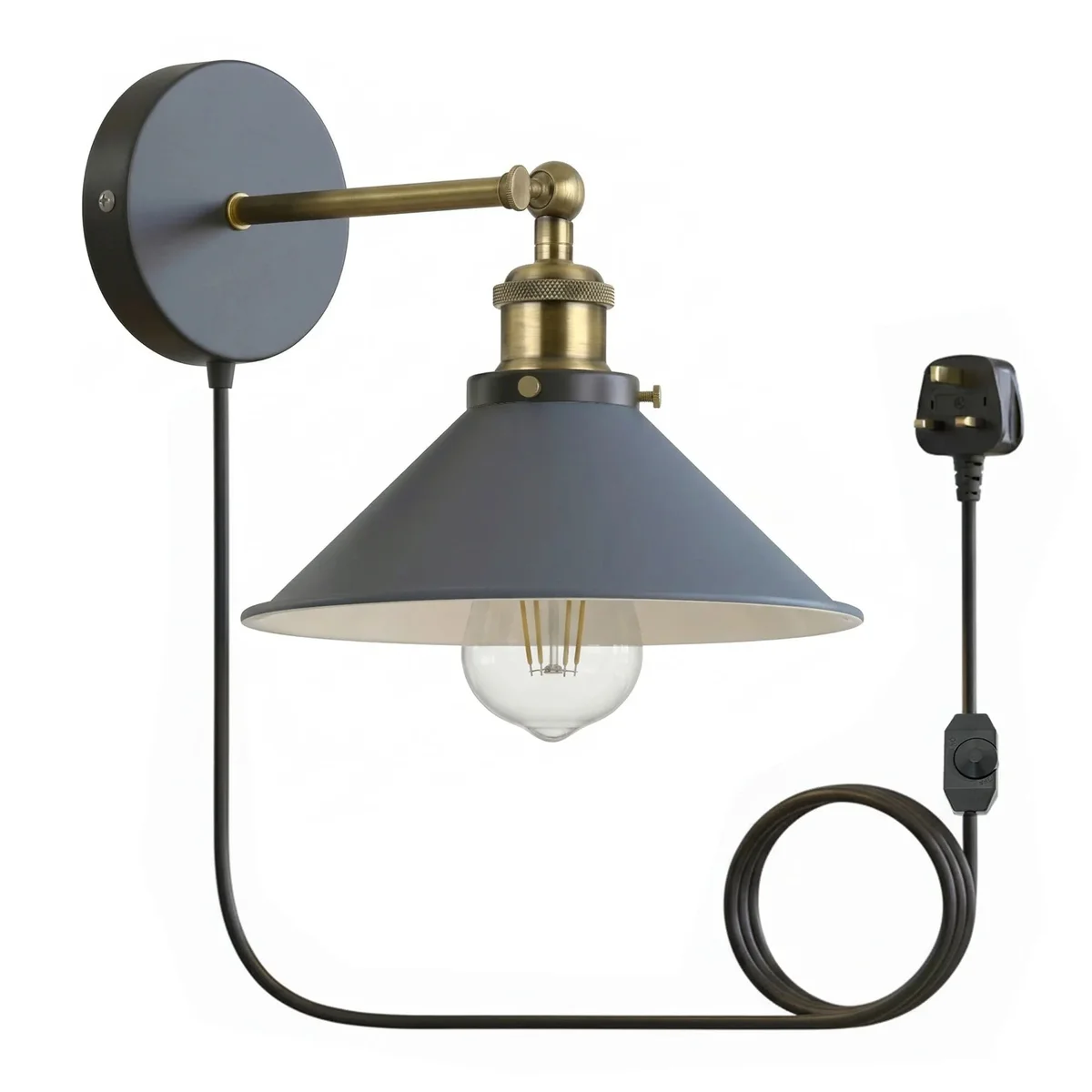 Industrial wall light with vintage metal shade and dimmer, plugged into a white wall socket in modern interior setting