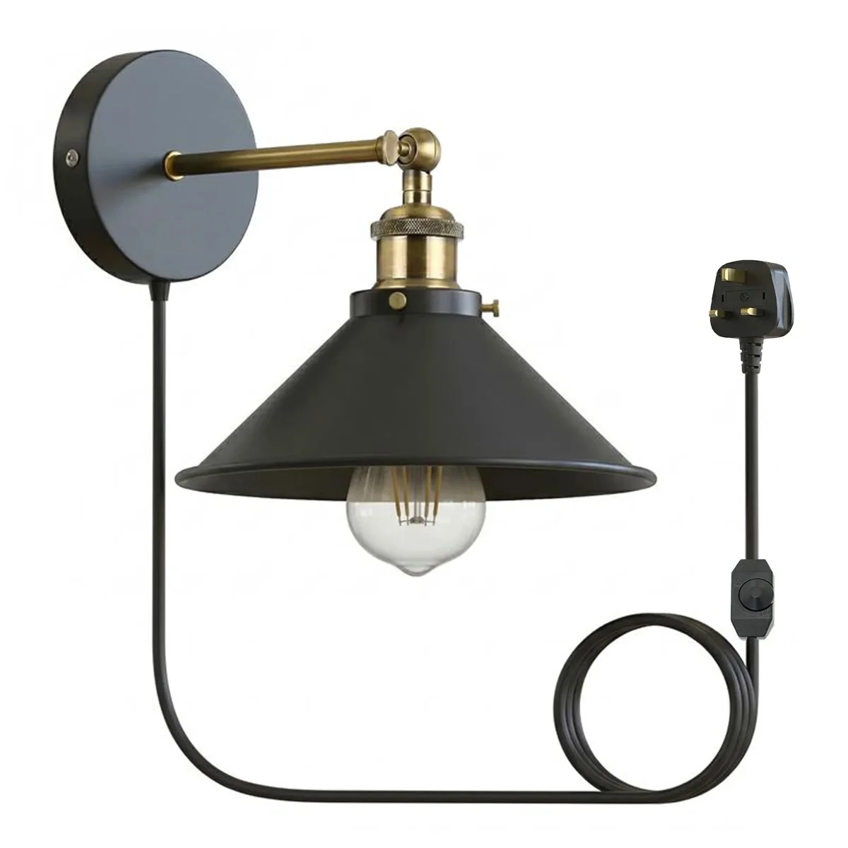 Vintage industrial wall light with metal shade and dimmer plug-in, ideal for living rooms and cafes, E27 base compatible