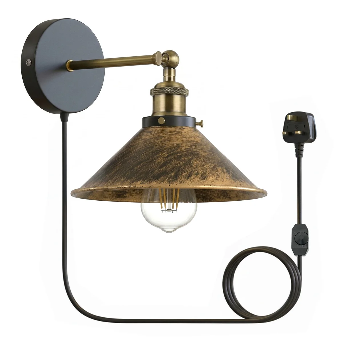 Vintage industrial wall light with metal shade and plug-in cord, shown mounted on a white wall with dimmer switch