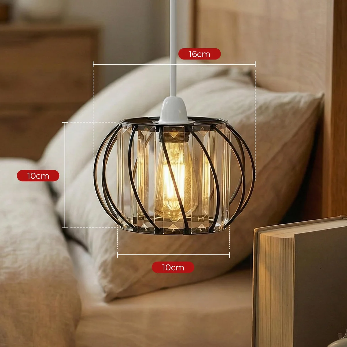 Two crystal glass metal cage ceiling lights with bulbs, black finish, modern open-frame design for indoor use