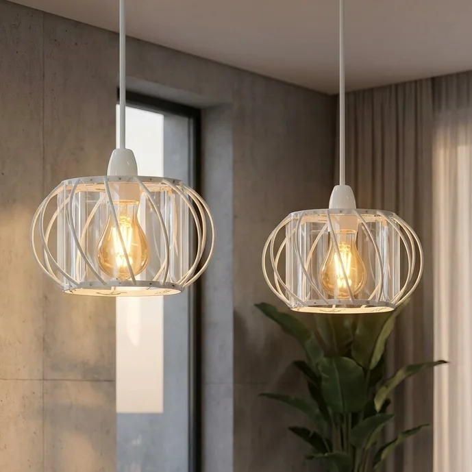 Two black open frame ceiling lamps with crystal glass panels hanging from ceiling, showing modern pendant design