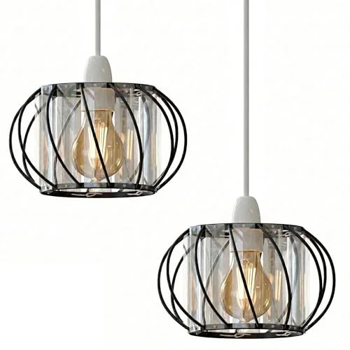 Two black metal cage ceiling pendant lights with crystal panels, ideal indoor crystal light fitting for modern interiors
