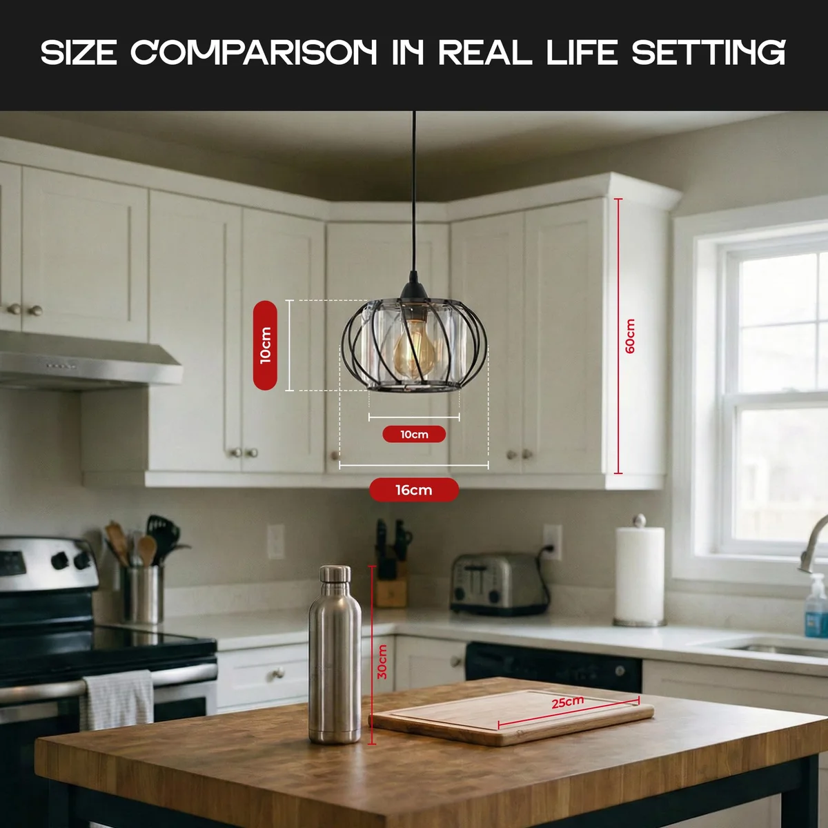 Two crystal ceiling pendant lights with black metal cage frames and clear crystal panels hanging indoors