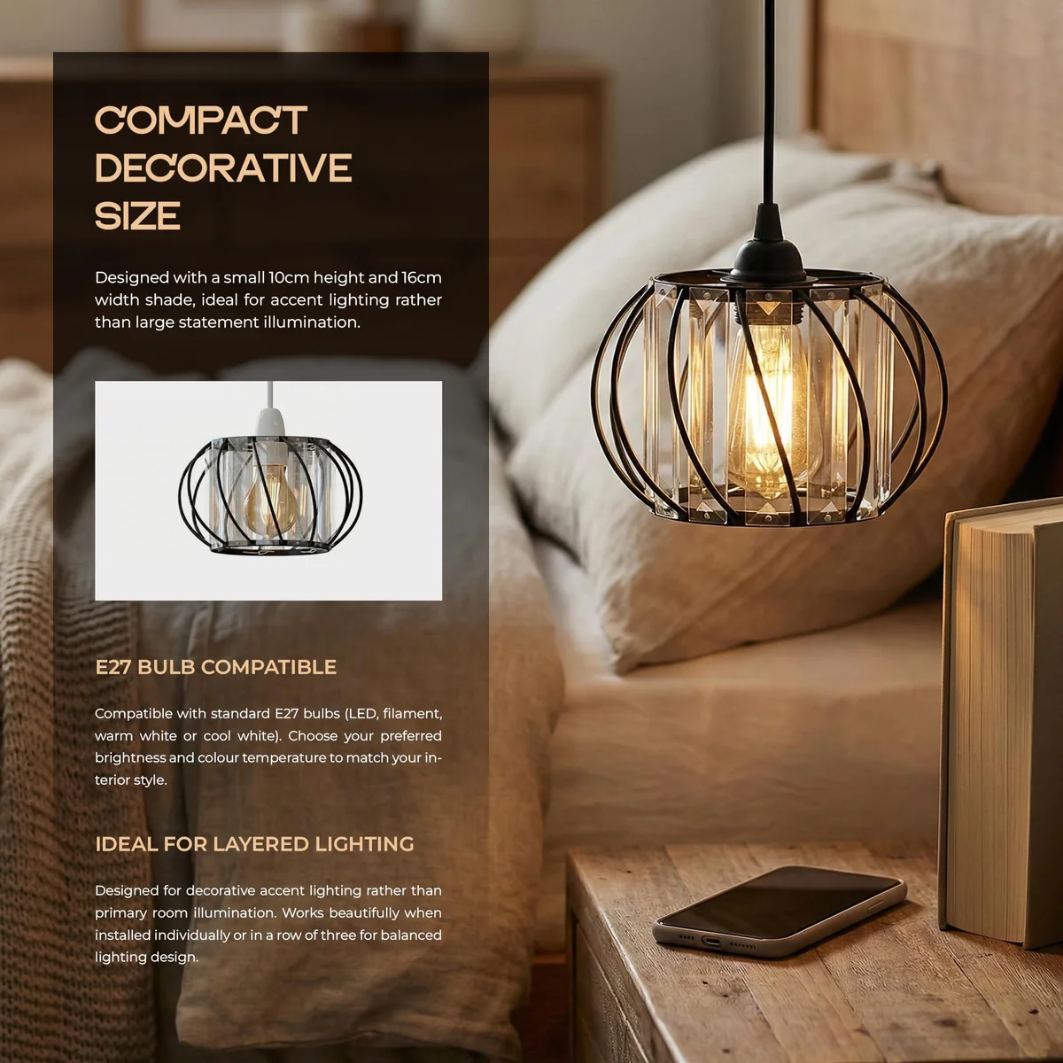 Two black crystal ceiling pendant lights with open metal cage and sparkling glass panels hanging indoors