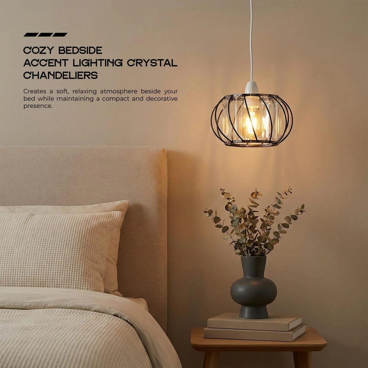 Two crystal ceiling pendant lights with black metal cage frames and clear crystal glass panels hanging indoors