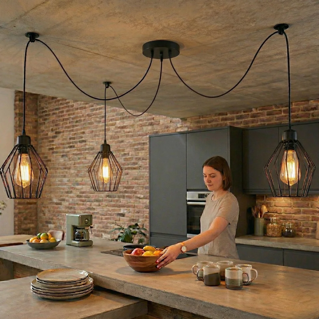 Matt black industrial pendant light with three wire cage shades hanging from a central ceiling rose