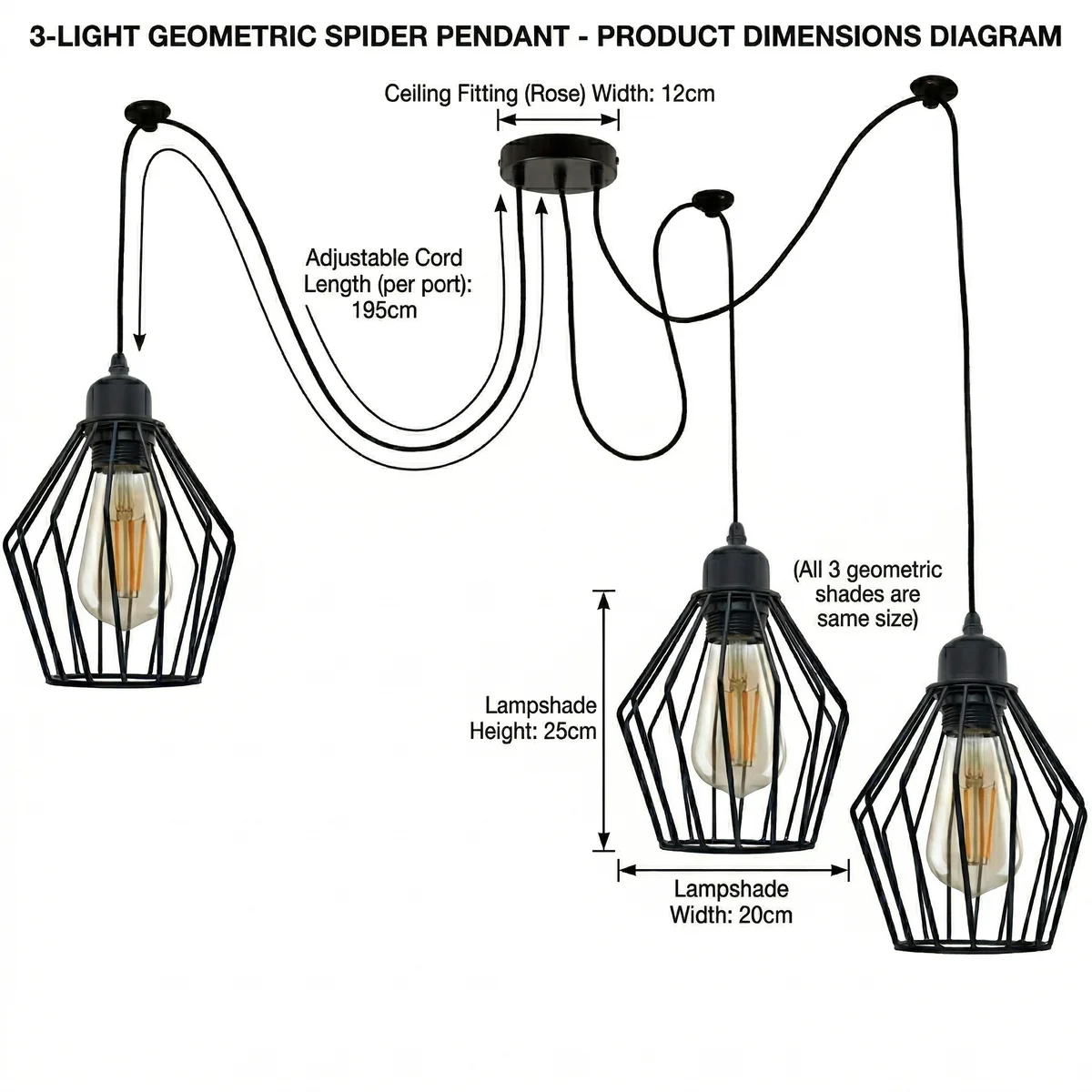 Matt black spider pendant light with three industrial wire cage bulbs hanging over kitchen island