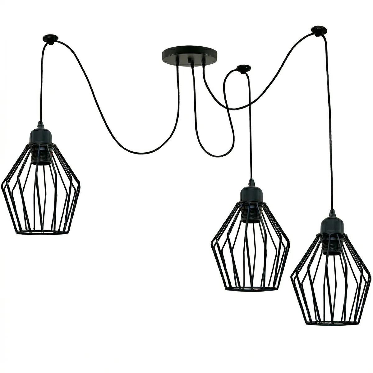 Matt black metal ceiling light with three cage pendant drops hanging at staggered heights over dining table