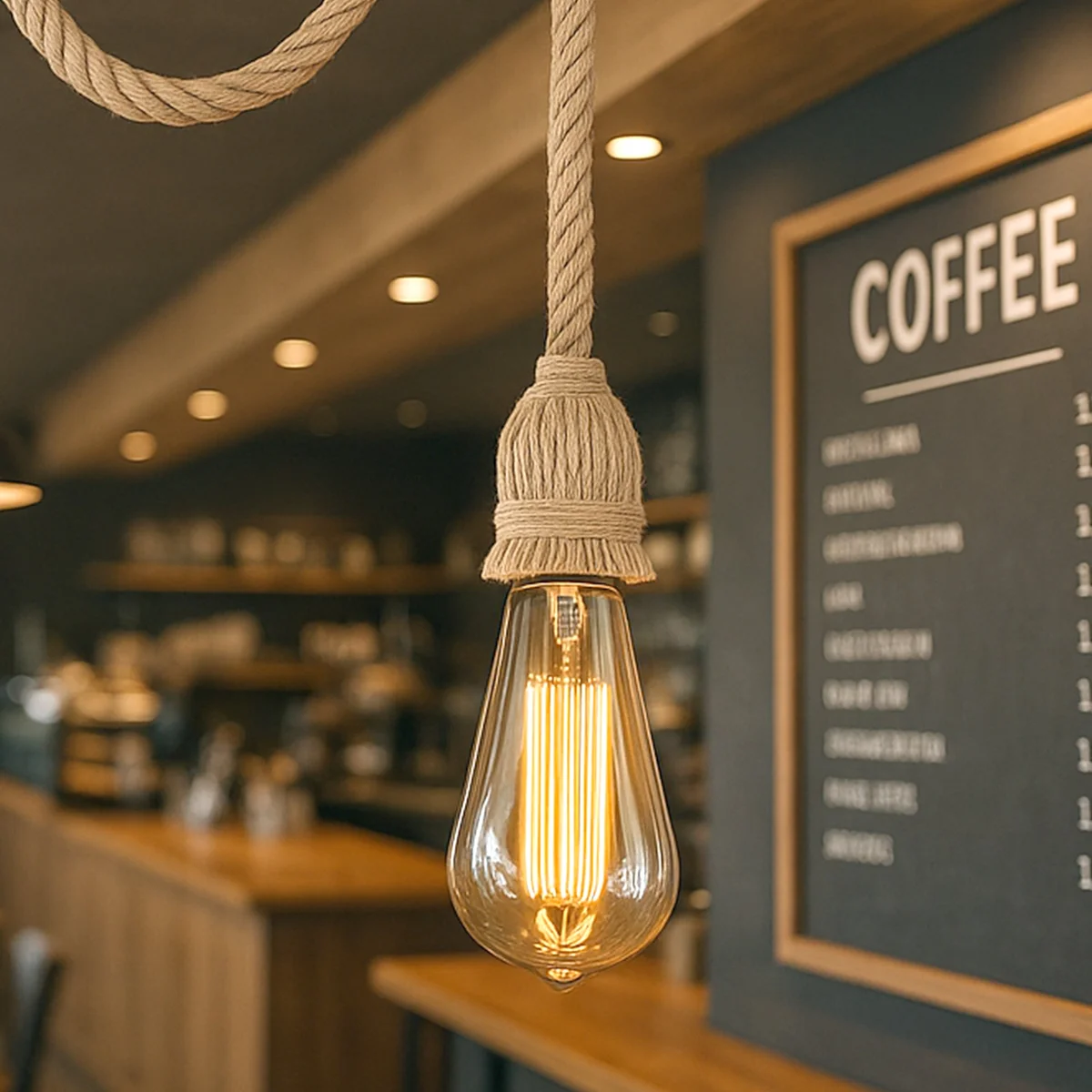 Vintage pendant light with metal holder and adjustable hemp cable, ceiling-mounted E27 socket in warm tones