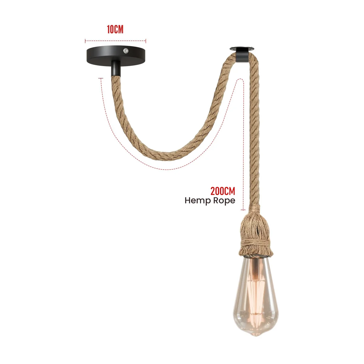 Vintage style E27 ceiling light with metal holder and adjustable hemp cable hanging from ceiling fixture