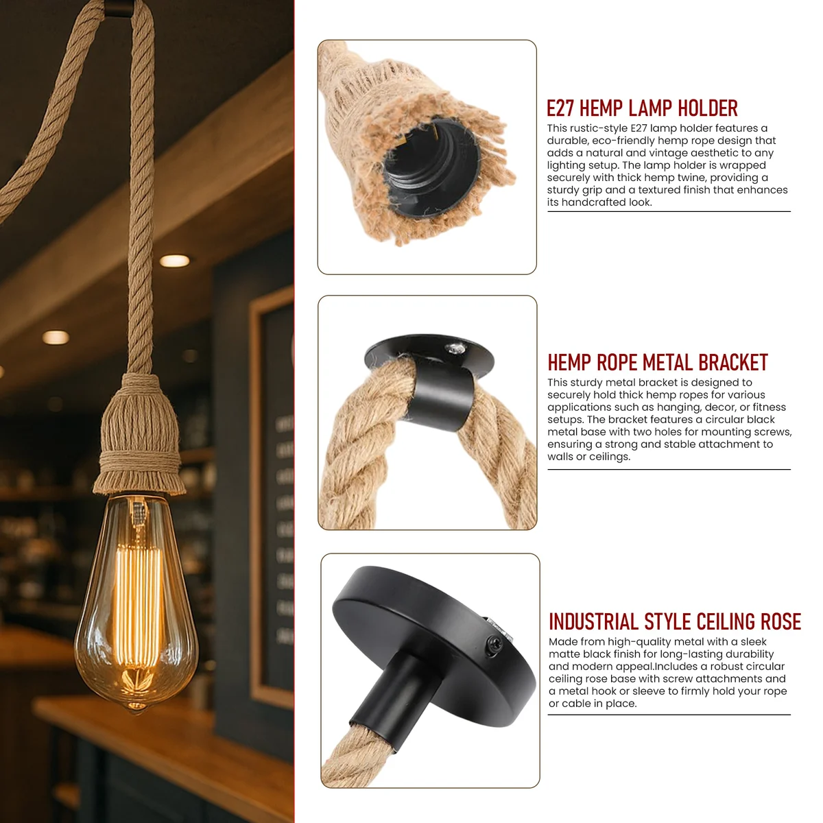 Vintage style adjustable pendant lamp with metal holder and hemp cable hanging from ceiling, E27 bulb socket visible