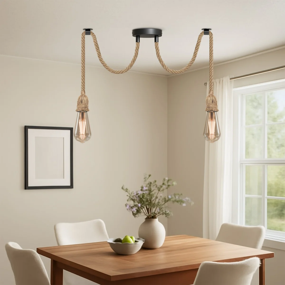 Vintage style metal hemp pendant light with adjustable hemp cable and E27 socket hanging from ceiling