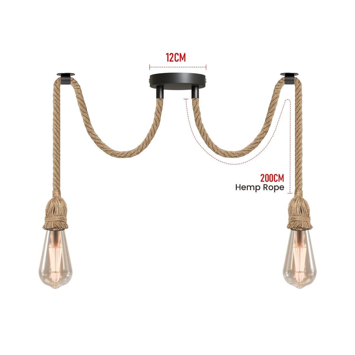 Vintage style indoor hanging light with metal holder and adjustable hemp cable, compatible with E27 bulbs, ceiling mounted