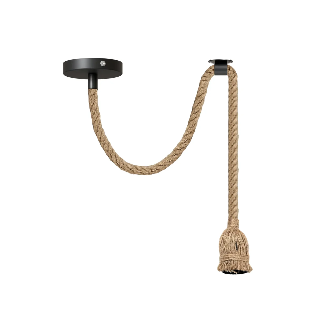 Retro hemp pendant light hanging from ceiling with metal holder and adjustable hemp cable in vintage style