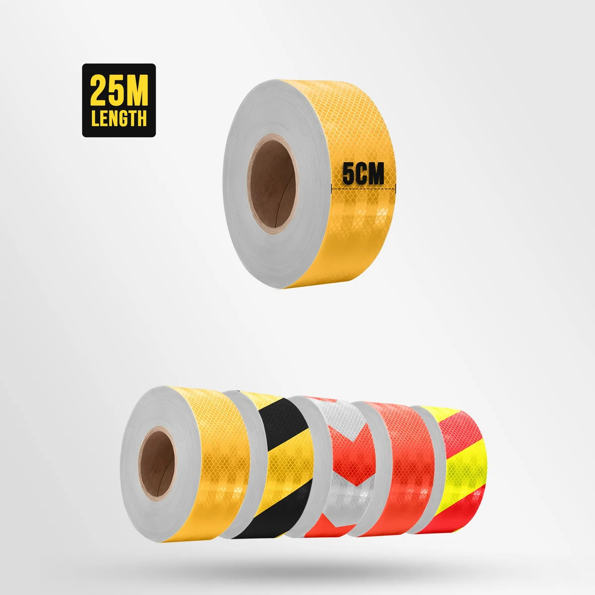 Roll of waterproof reflective safety tape in yellow with black hazard stripes, 25m long and 5cm wide, self-adhesive floor marking