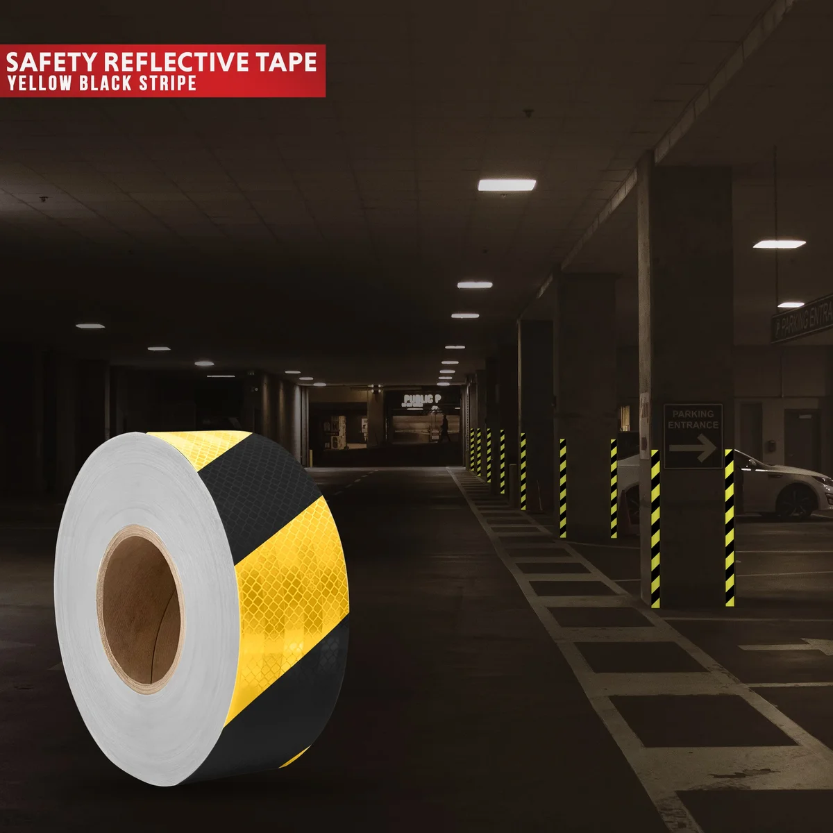 Roll of weather resistant tape laid out on floor showing reflective surface and self-adhesive backing details